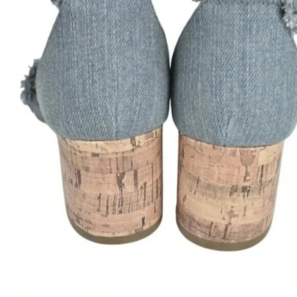 G By Guess Frayed  Denim Sandal Heel Chunky Cork Heel Open Toe Size 8.5 - Picture 10 of 16